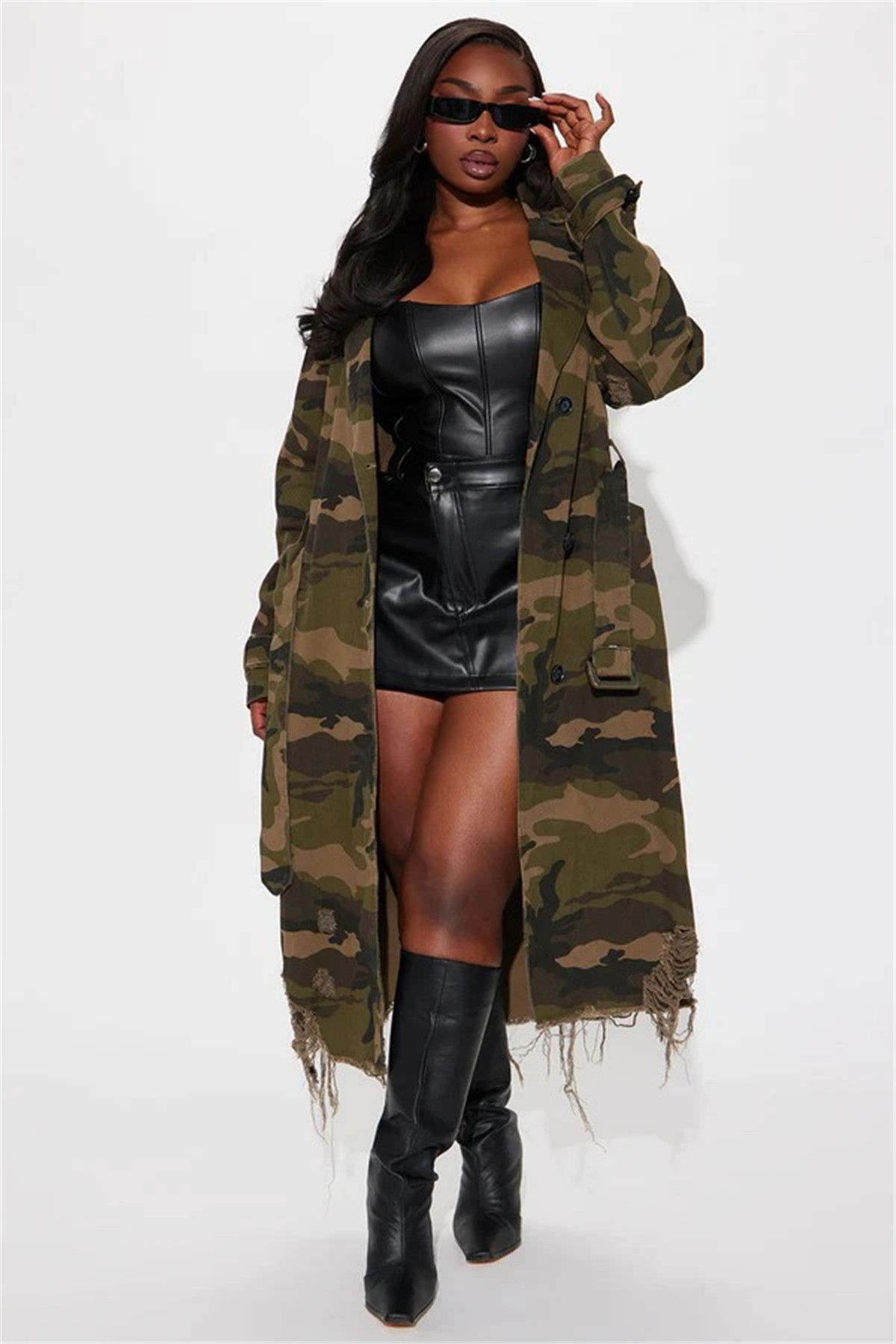 Women's Edgy Camo Windbreaker – Distressed Long Jacket With Ripped Detailing, Streetwear Outerwear (Light Green/Dark Green)_ecoleips.com