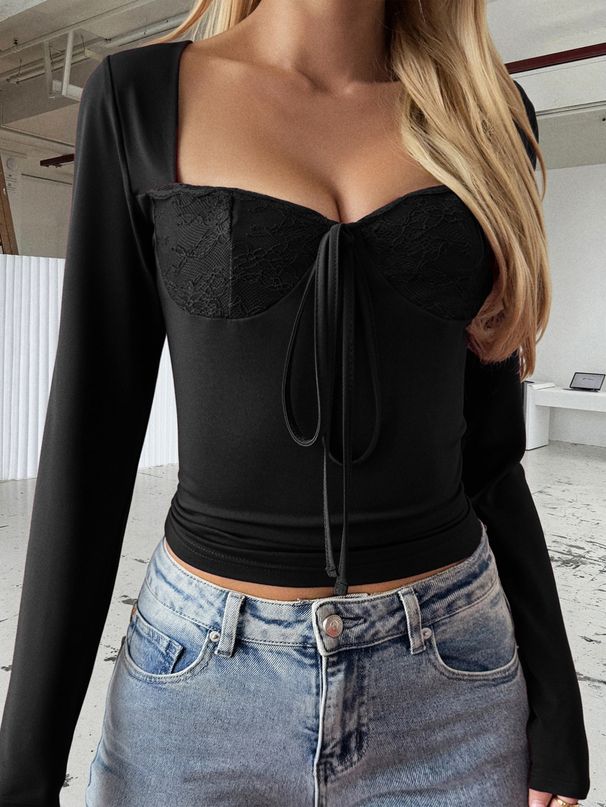 Diyun European And American Y2K Hot Girl Lace Long-Sleeve Base Shirt T-Shirt Women's Fashion 2025 Autumn_ecoleips.com