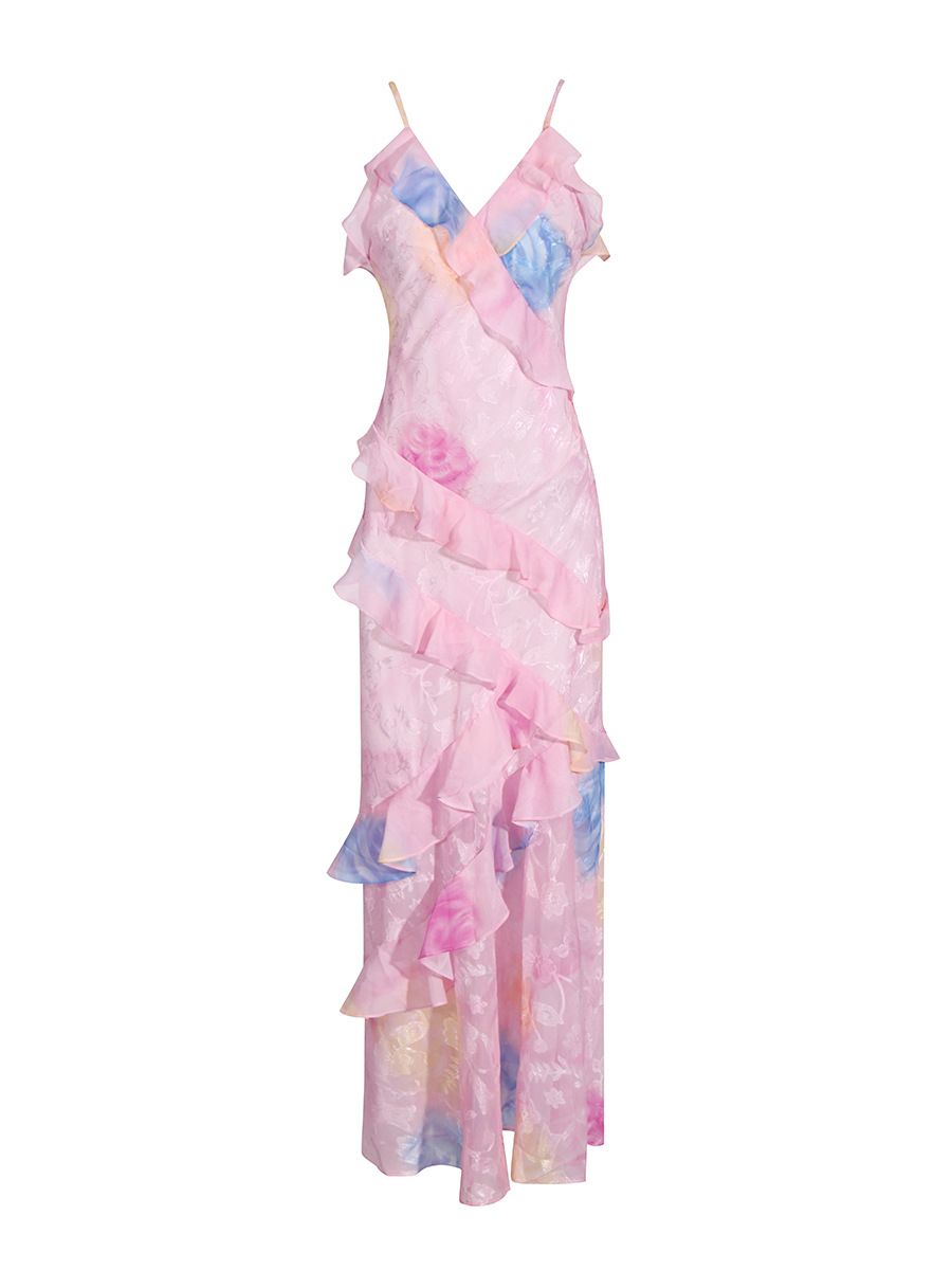 Women's Clothing sexy colored suspender skirt autumn V neck sleeveless printed ruffle dress_ecoleips.com