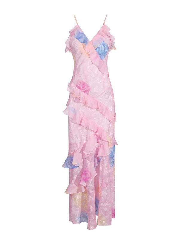 Women's Clothing sexy colored suspender skirt autumn V neck sleeveless printed ruffle dress_ecoleips.com