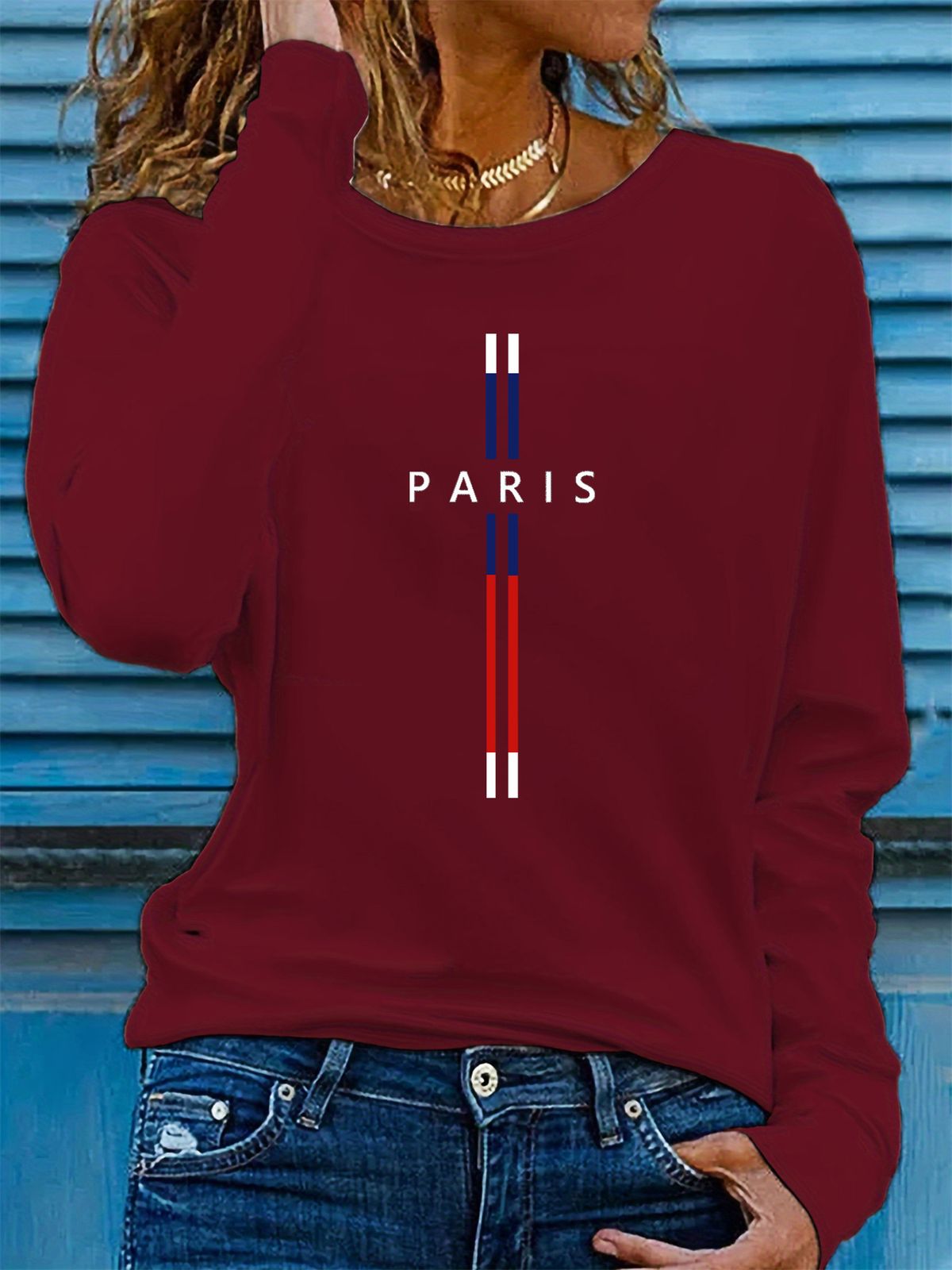 100% Pure Cotton Women's Spring And Autumn Comfortable Casual Long Sleeved Paris Graphic Printed Round Neck T-shirt_ecoleips.com