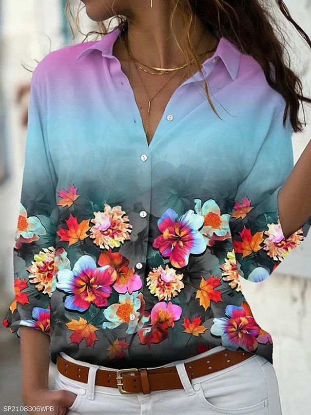 Women's 3D Digital Print Long Sleeve Shirt Urban Temperament Lady Top European American Foreign Trade Fashion_ecoleips.com