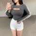 Voya Women's Two-piece T-shirt For Autumn And Winter, Slim Fit And Slimming, Contrasting Color Ribbon Short Contrasting Color Top_ecoleips.com