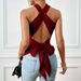 Voya Women's Summer Neck Hanging Sleeveless Knitted T-shirt Cross Collar Strap Solid Color Sexy Hot Girl Top_ecoleips.com