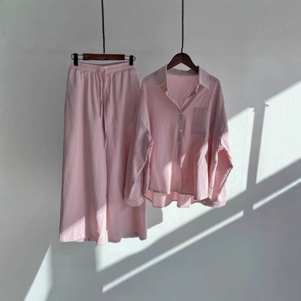 Plus Size Spring Loose Vintage Linen Long Sleeve Shirt & High Waist Wide Leg Pants Two-Piece Set_ecoleips.com