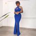 Women's Clothing K3360 Halter Neck Strapless Pearl Chain Decorated Open Back Slit Dress_ecoleips.com