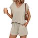 Women's V-Neck Short Sleeve Top & Shorts Lounge Set, Casual Summer Two Piece Outfit_ecoleips.com
