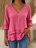 Women's V Neck Short Sleeve Shirt Spring/Summer Cotton Linen Loose Fit Solid Color American Style Top_ecoleips.com