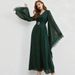Dark Green V Neck Chiffon Maxi Dress For Women With Tassel Sleeves And A Fitted Waist Tie European And American Style_ecoleips.com