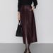 High Waist Genuine Leather Midi Skirt For Women A-Line Front Slit Elastic Back Elegant French Elegance Sheepskin_ecoleips.com