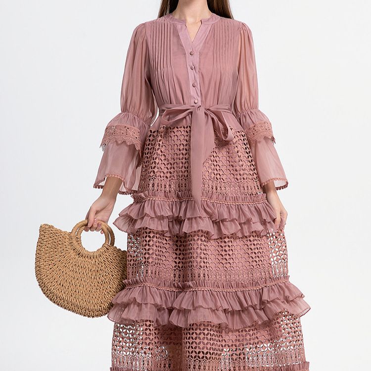 Elegant French Style Bell Sleeve Hollowed Out Lace Patchwork Cake Dress For Women Slim Waist Long Dress_ecoleips.com