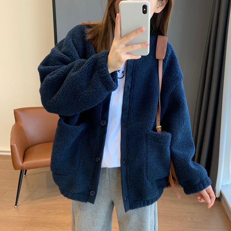 Faux Shearling Bomber Jacket For Women – Oversized Fleece-Lined Winter Coat With Glitter Accents, M-2XL (Navy/Khaki)_ecoleips.com