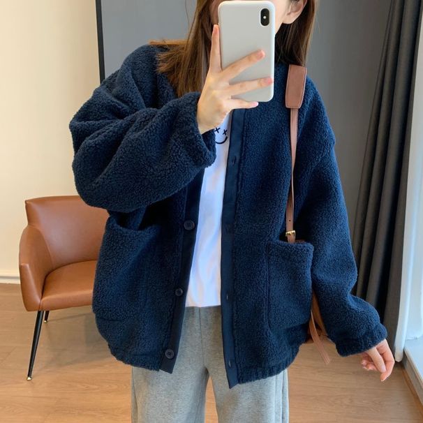 Faux Shearling Bomber Jacket For Women – Oversized Fleece-Lined Winter Coat With Glitter Accents, M-2XL (Navy/Khaki)_ecoleips.com