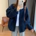 Faux Shearling Bomber Jacket For Women – Oversized Fleece-Lined Winter Coat With Glitter Accents, M-2XL (Navy/Khaki)_ecoleips.com