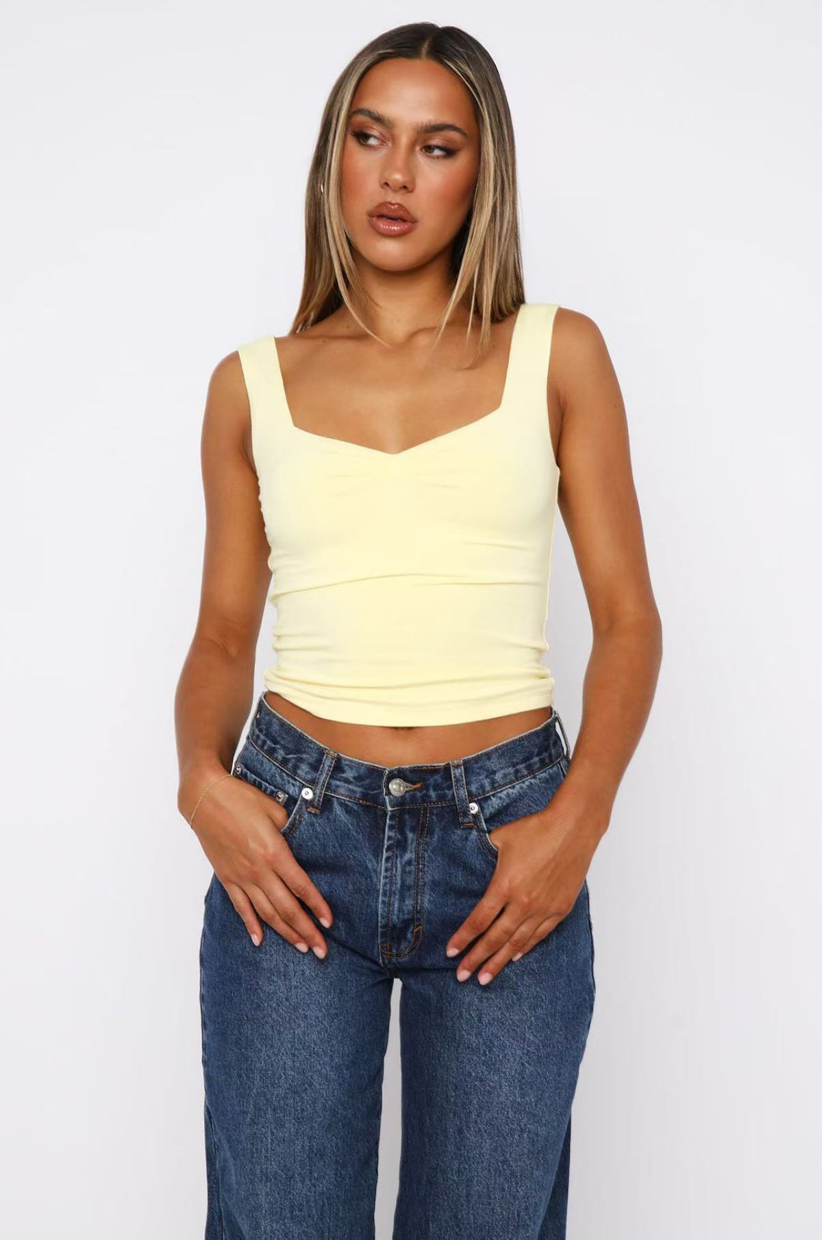 L25T108 - European And American Women's Fashion Summer New Casual Slim-fit Patchwork Cropped Solid Color Square-neck_ecoleips.com