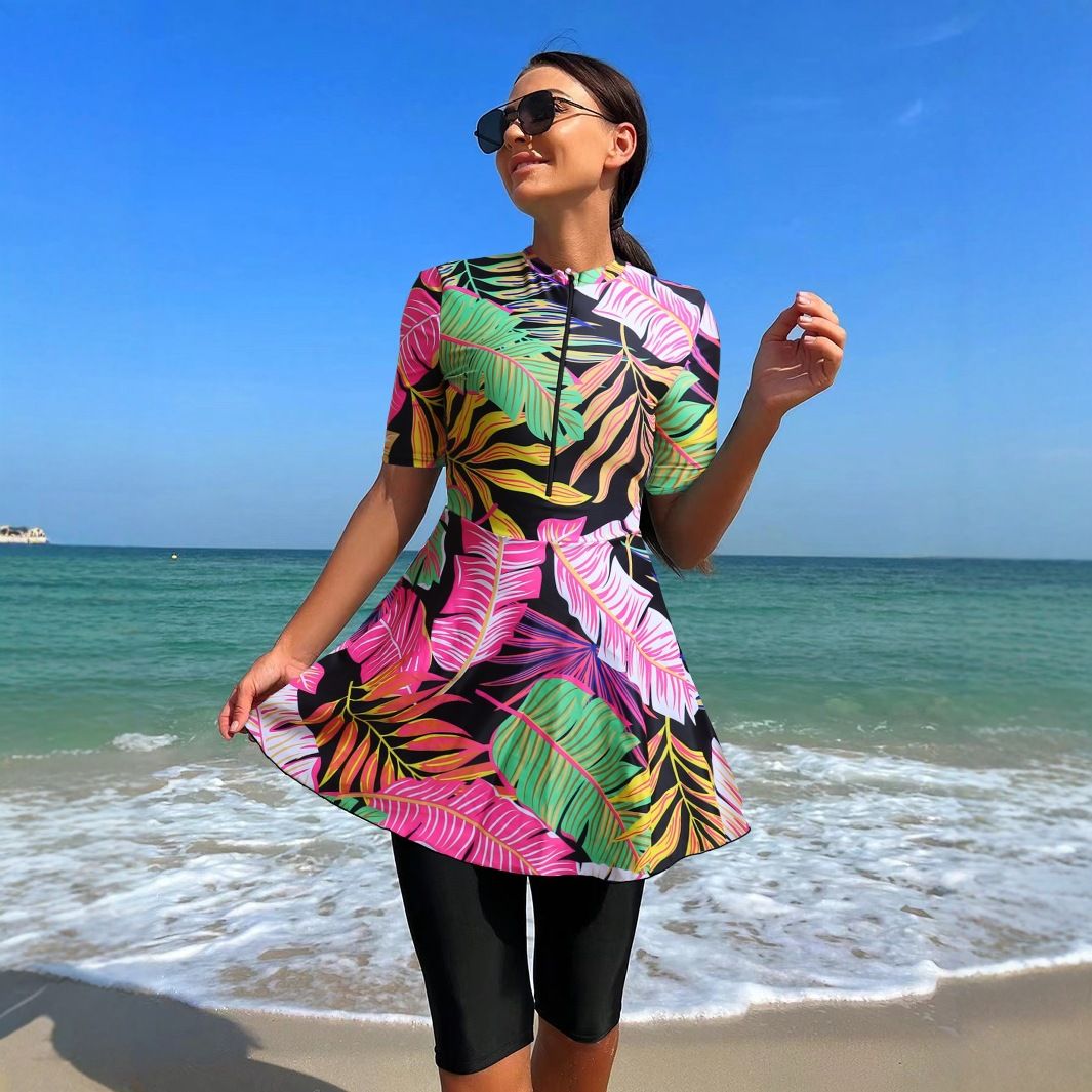 Muslim Swimsuit Women's Floral Chain Bikini Top Quick Dry Short Sleeve Swimming Suit Beachwear Sexy Tight High Elasticity_ecoleips.com