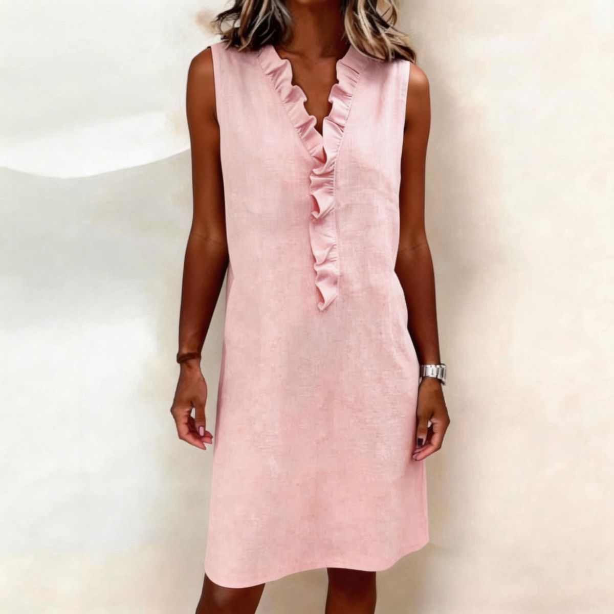 Women's Ruffled Sleeveless Cotton Linen Shirtdress – Slim Fit Casual Office Spring Dress_ecoleips.com