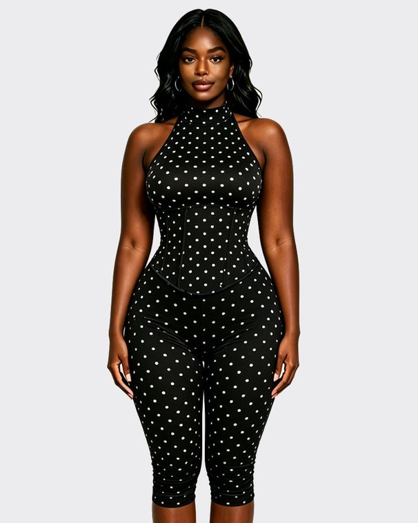 Elegant Halter Neck Jumpsuit Polka Dot Print Boned Waist Zip Detail Y2K-Inspired Wide-Leg Pants Two-Piece Look Women's Set_ecoleips.com