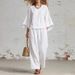 Women's Linen Blend Wide Leg Pants And Top Set, Casual Comfort Two Piece Outfit For Everyday Wear_ecoleips.com