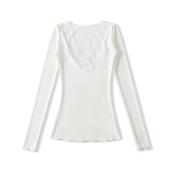 Women's European American Style Lace Patchwork T-Shirt V Neck Long Sleeve Slim Fit Base Layer Top For Sexy Girls_ecoleips.com