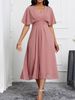 Women's Clothing Solid Color V Neck Short Sleeved Elegant Slim Chiffon Ladies Dress_ecoleips.com