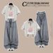 Korean-Style Printed Polo Shirt With Lace-Trim High-Waist Slimming Jeans Set (Yellow/Purple, S-XL)_ecoleips.com