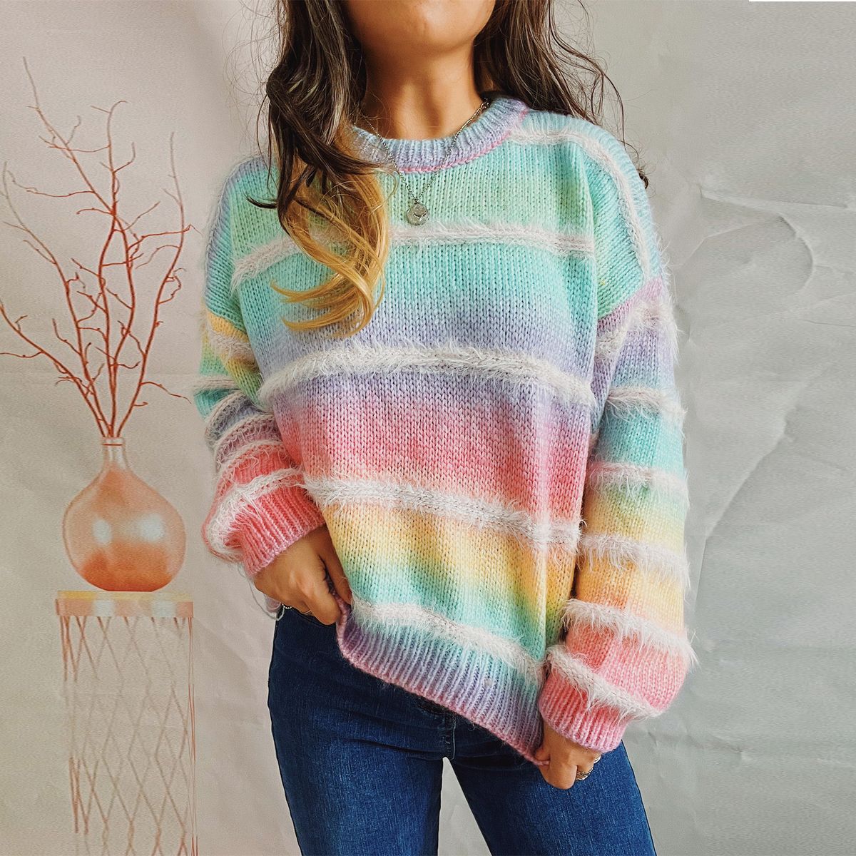 Women's Clothing Fashion Gradient Knit Sweater Women's Long Sleeve Cable Pullover With Faux Fur Trim_ecoleips.com