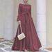 Modest Muslim Abaya Dress With Elegant Lace Trim – Flowy Polyester Maxi Dress In Solid Colors (Lavender, Burgundy, Olive, Beige, Sky Blue)_ecoleips.com