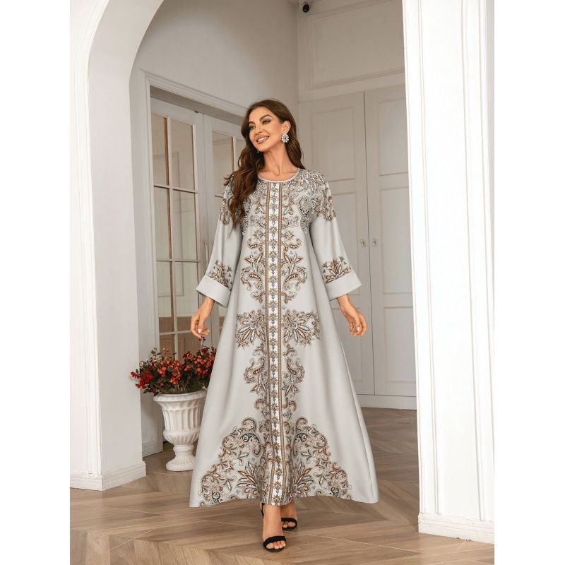 Luxury Embellished Kaftan Dress – Elegant Muslim Women’s Long Sleeve Robe With High-Density Crystal & Beading (Multiple Colors & Sizes)_ecoleips.com
