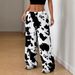 Women's Cow Print Fleece Pants – Winter High-Waisted Loungewear (M-XXL, Polyester, Black & White)_ecoleips.com