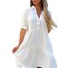 Women's Loose Solid Color Casual Dress Short Sleeve Pure Cotton Lapel American Style Thin Summer Fashion Dress_ecoleips.com