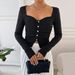 Voya Women's French Style Square Neck T-shirt With Elegant And High-end Feel For Spring And Summer, Slim Fit Top_ecoleips.com