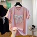 Women's Pure Cotton Short Sleeve T-Shirt European Style Heavy Beaded Bow Loose Fit Versatile Slimming Top For Youthful Look_ecoleips.com