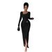 Women's Asymmetrical Neckline Twisted Long Dress Solid Color Fashion Textured Bodycon Dress_ecoleips.com