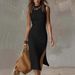 Women's Clothing Women's Sleeveless Solid Color Vest High Slit Elegant Mid Length Knitted Dress For Formal & Casual For Women_ecoleips.com