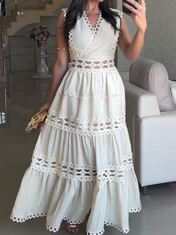 Women's Clothing Retro Sleeveless Dress Lace Hollow Design Niche Fairy Dress_ecoleips.com