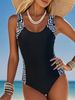 Women's Patchwork One Piece Swimsuit Sexy Conservative H Black And White Striped Print Beachwear_ecoleips.com
