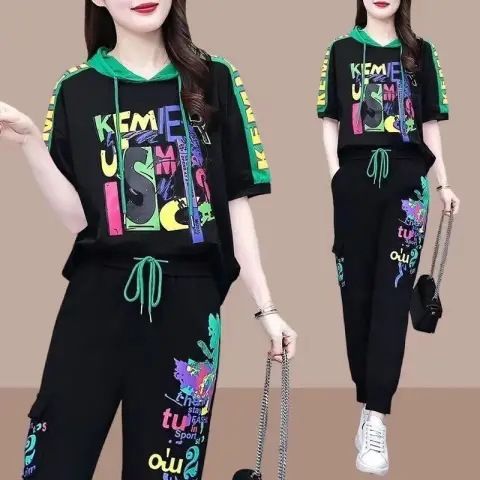 Women's Clothing Summer European Style Sports Casual Set Loose Hooded Printed Top And Pants_ecoleips.com