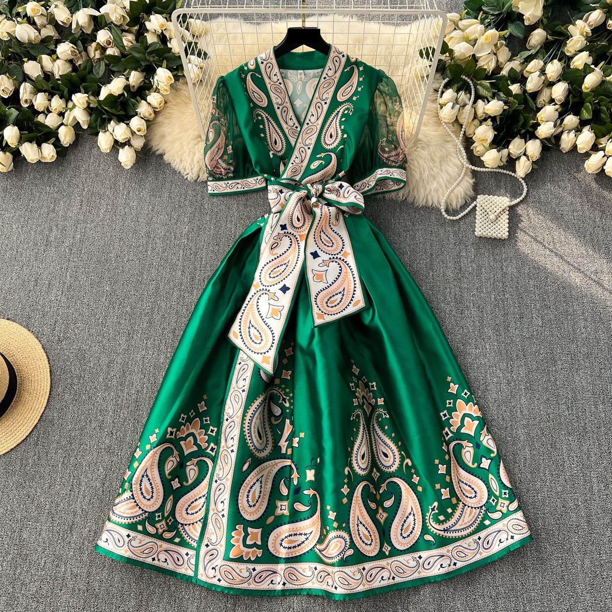 Women's Clothing Palace Style Niche Retro Elegant Print Dress One Piece Waist Temperament Puff Sleeve Dress_ecoleips.com