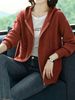 Rust Red Zip Up Drawstring Hood Pit Rib Knit Cardigan, Loose Lightweight Breathable Soft Skin-touch Long Sleeve Pocket Sweater_ecoleips.com