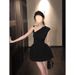 183 French Style Black Asymmetrical Shoulder Irregular Pleated Tank Top And Flower Bud Half Skirt Two-Piece Set For_ecoleips.com