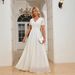 Women's Clothing Elegant Lace Trim Chiffon V-Neck A-Line Long Dress – Wedding Guest Dress, Evening Gown (White, S/M/L/XL)_ecoleips.com