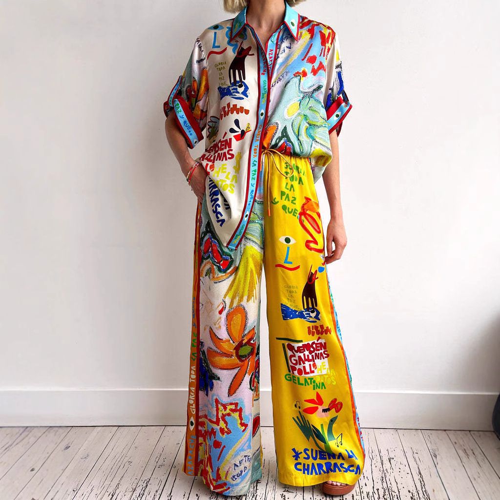 Women's Clothing Fashion Personality Printed Short Sleeved Color Matching Holiday Leisure Tether Suit_ecoleips.com