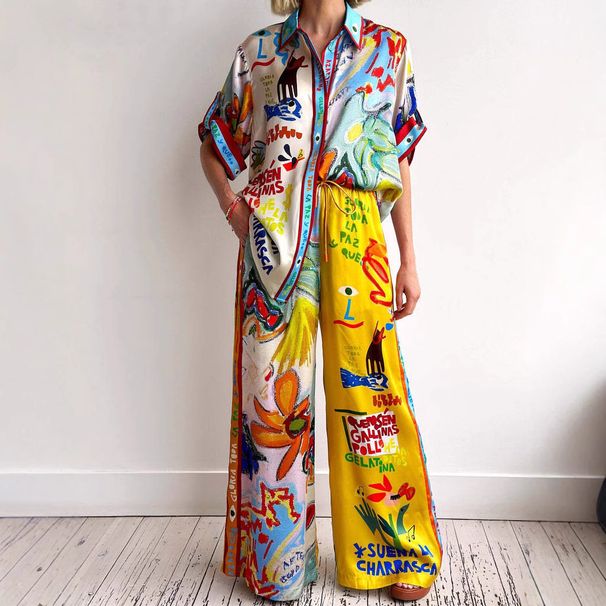 Women's Clothing Fashion Personality Printed Short Sleeved Color Matching Holiday Leisure Tether Suit_ecoleips.com