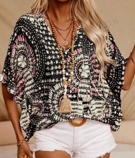 Casual Shirt Print Resort-Style Bat Sleeve Top_ecoleips.com