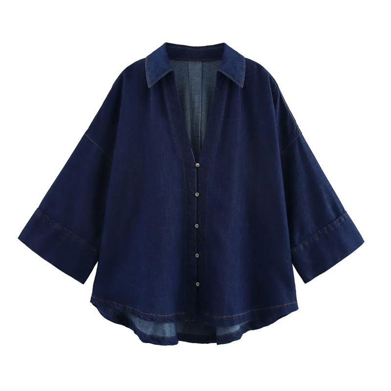 K New European And American Style Fashionable Wide Sleeved Lapel Denim Shirt Casual Wide Leg Straight Leg Pants Set For Women_ecoleips.com