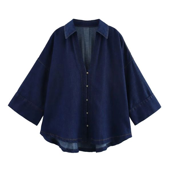 K New European And American Style Fashionable Wide Sleeved Lapel Denim Shirt Casual Wide Leg Straight Leg Pants Set For Women_ecoleips.com