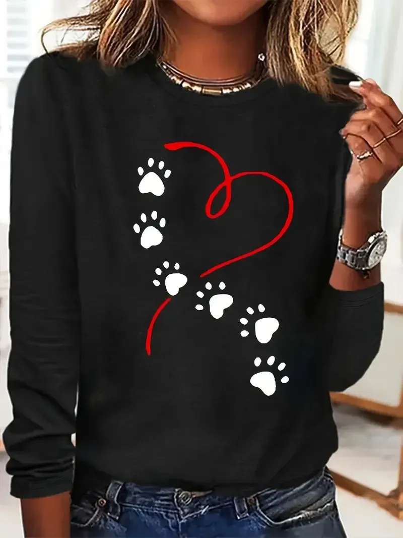 Y2k Fashion Long Sleeve T Shirt Heart Dog Paw Print T-shirt Cute Crew Neck Top For Spring Fall Women's Clothing_ecoleips.com