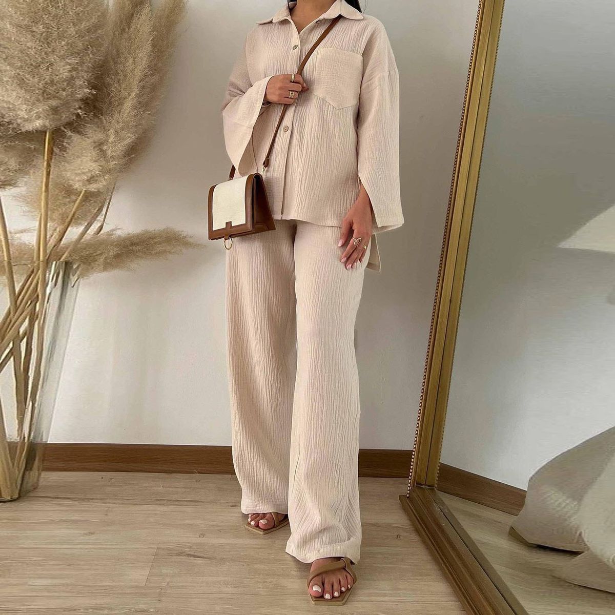 Women's Plus Size Fashion Wrap Shirt And High-Waisted Wide Leg Pants Autumn Suit Set Long Sleeved Elegant Outfit_ecoleips.com