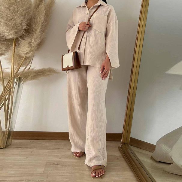 Women's Plus Size Fashion Wrap Shirt And High-Waisted Wide Leg Pants Autumn Suit Set Long Sleeved Elegant Outfit_ecoleips.com